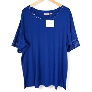 Quacker Factory Blue Top Plus Size 2X Metallic Stud Detail Short Sleeve Comfy